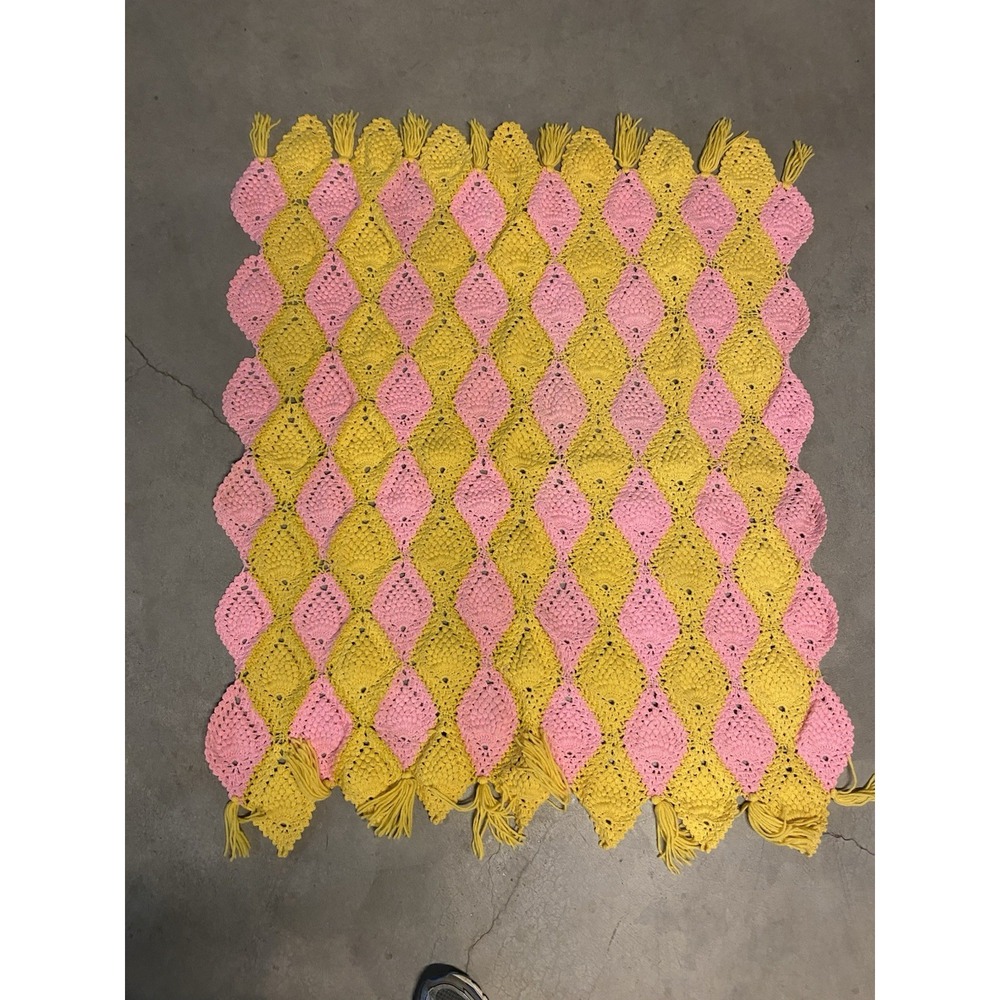 Vintage Pink & Yellow‎ Crochet Afghan Blanket 48"x40" Diamond Tassel Retro